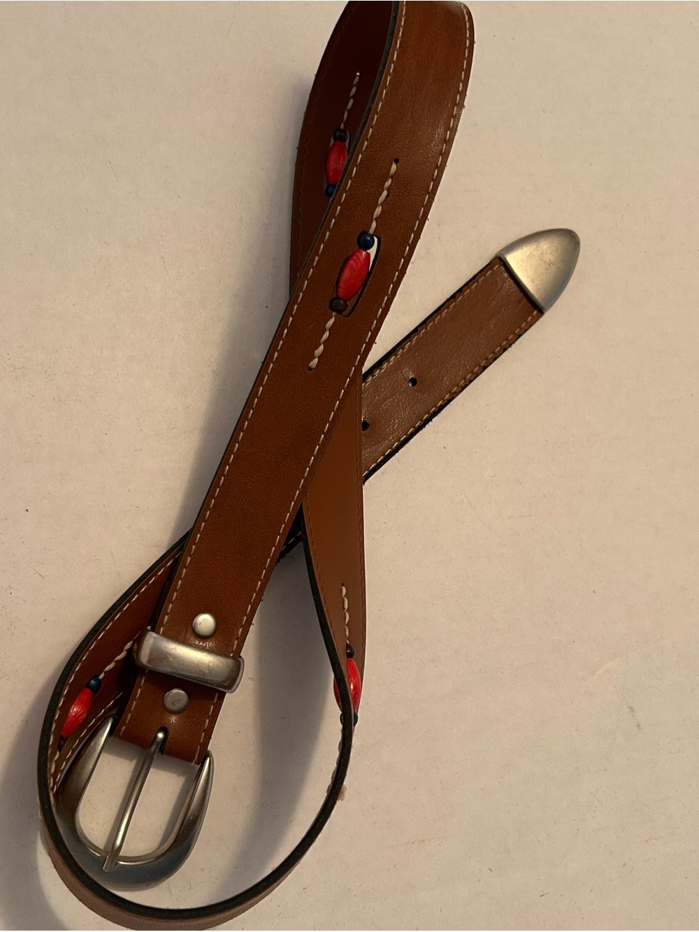 Brown Leather Southwestern Style Men’s Belt with Red Blue  Accent Beads